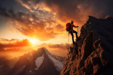 Climber man climbing a large mountain at sunset. The concept of mountain tourism, travel,...