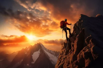Fotobehang Climber man climbing a large mountain at sunset. The concept of mountain tourism, travel, leadership, on the top. © maximilian_100