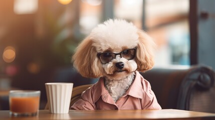 Cute poodle dog sitting at the table with a cup of coffee in a pet friendly cafe