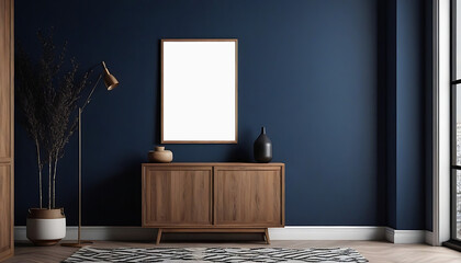 Picture-mockup-with-white-vertical-frame-on-dark-blue-wall--Stylish-dark-interior-with-decor-and-wooden-cupboard-and-blanket-picture--Poster-mockup--Minimalist-modern-interior-design--3D-illustration,