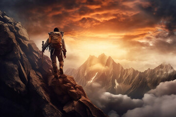 Climber man climbing a large mountain at sunset. The concept of mountain tourism, travel, leadership, on the top.