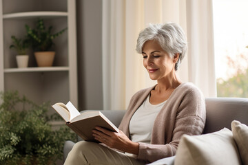 an elderly beautiful woman in a beige cardigan with gray hair sits on the sofa and reads a book in a modern Scandinavian interior