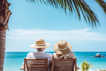 Fototapeta na wymiar elderly couple in hats under a palm tree sitting on the beach