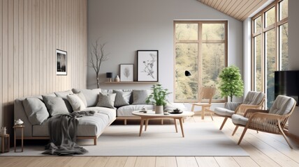 Naklejka na ściany i meble Modern Scandinavian Living Room Interior with Elegant Furniture and Decor.wall Art , Poster , Interior Design , 