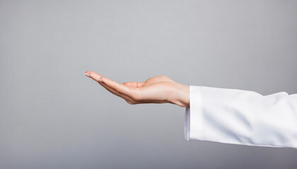Half cropped close up of hand with white coat sleeve holding invisible object on gray background with copy space