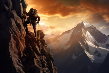 Climber man climbing a large mountain at sunset. The concept of mountain tourism, travel, leadership, on the top.