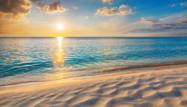 Summer background image of tropical beach with horizon at sunset. Light sand of beach against backdrop of sparkling ocean water