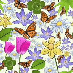 Floral Seamless Pattern with Butterflies and Flowers in a Lush Spring Garden