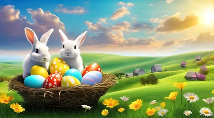 Fotobehang Easter landscape, bunnies with colorful eggs and daisy flower on meadow under beautiful sky. © pornpun