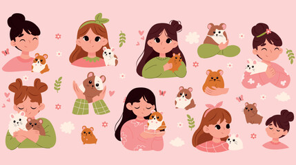 Set of cute girls and their pet. Vector illustration in cartoon style. girls with hamsters. pets