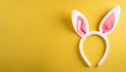Top view of the white and pink soft cute headband in shape of rabbits ears on yellow background with copy space