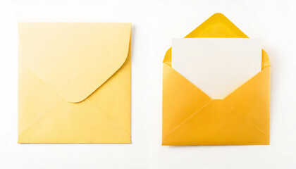 Top view of two open and closed yellow envelopes isolated on white background