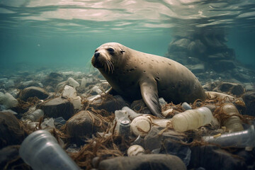 Fototapeta premium Navy seal with plastic garbage. Ocean plastic pollution. Ecological catatsrophe 