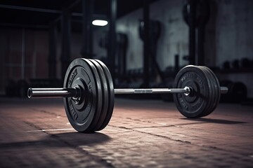 Barbell on the floor in the gym. Horizontal banner for a gym, Gym Floor Barbell: Horizontal Banner for Fitness Center