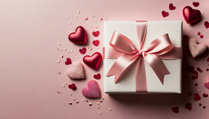 Top view of Valentine's Day decorations, white gift box with silk ribbon and small hearts on pink background with copy space