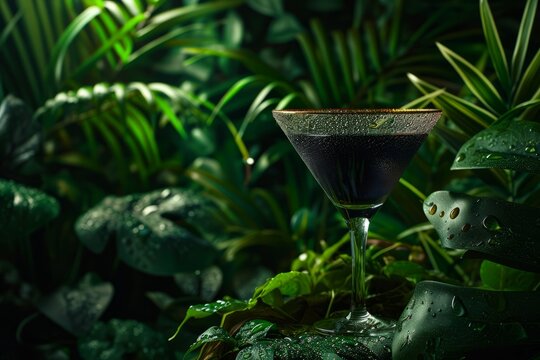 Midnight Mochi Cocktail, Greenery Of The Tropical Forest, Drops On The Leaves, Hyperrealistic, Martini Glass, Brown Cocktail