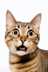 Obraz premium Funny surprised cat isolated on white background. Studio portrait of a cat with amazed face.