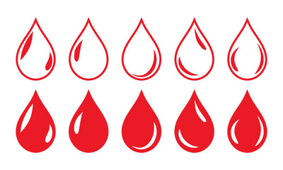 Obraz premium Blood drop symbol icon with shine set of five in red color with fill and outline. Blood drop shape. Blood drops set isolated on white background.