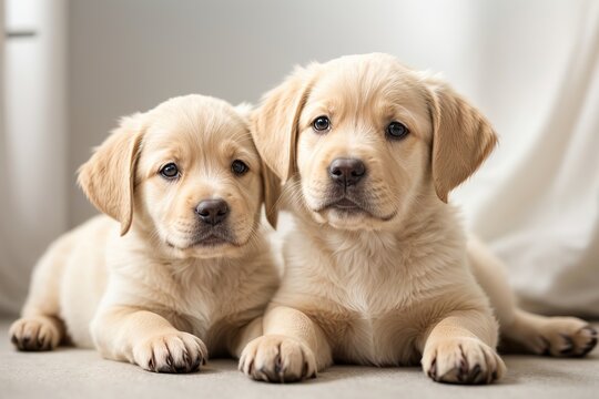 Cachorros labrador retriever, echados, sobre fondo blanco