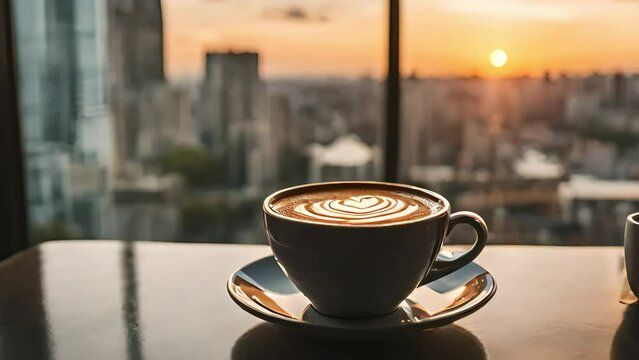 a fresh cup of morning coffee, with a view of the big city in the background. Generative AI