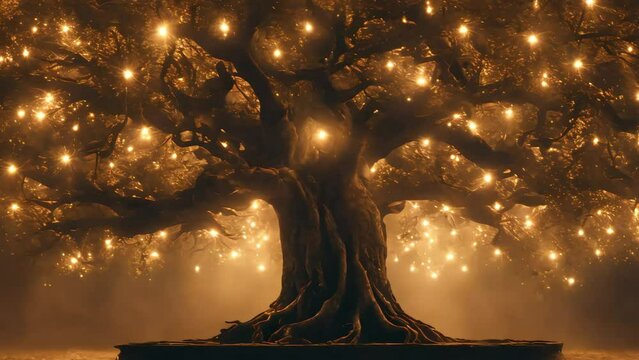 a huge tree of life with twinkling magical lights. a symbol of beginning and strength. Generative AI