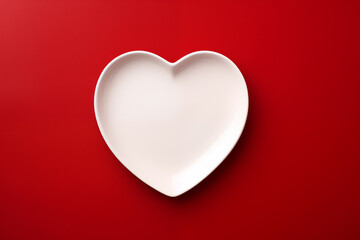 Heart-shaped white plate on a red background