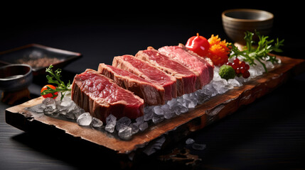 Traditional Japanese grilled yonzawa beef steak served on a black stone plate and wooden table
