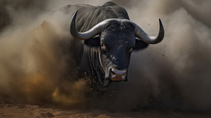 a huge black raging bull runs towards the audience and its steps circle the yellow sand of the ground created with Generative AI Technology - obrazy, fototapety, plakaty