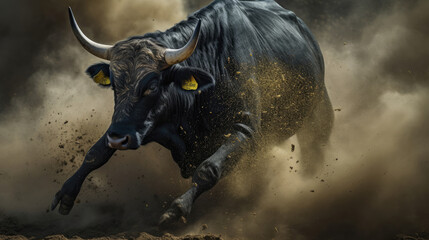 a huge black raging bull runs towards the audience and its steps circle the yellow sand of the ground created with Generative AI Technology