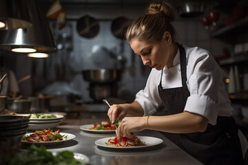 A young female chef garnishes a dish in a restaurant kitchen. AI generated.