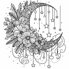 Floral Moon and Dangling Stars Coloring Page. Generative Ai