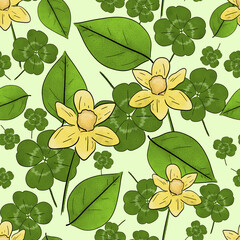 Seamless Pattern with Yellow Flowers, Clovers and Green Leaves 