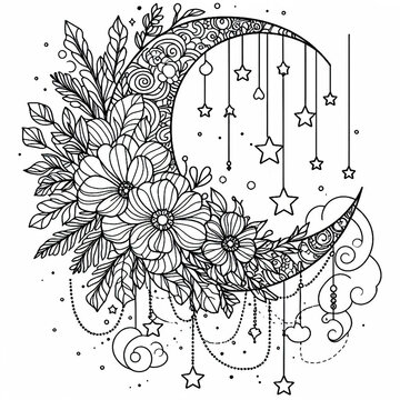 recommend clip art: Floral Moon and Dangling Stars Coloring Page. Generative Ai