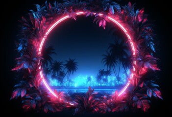 Neon frame in an environment of tropical leaves with a glowing neon frame, in the style of dark sky-blue and sky-blue, circular shapes, animated gifs, naturecore, mystical realms.
