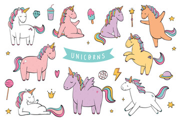 Unicorns collection, clip art, cartoon elements for stickers, prints, cards, nursery decor, kids apparel, sublimation. Unicorn and party doodles. EPS 10 © Натали Осипова