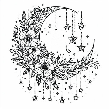 recommend clip art: Floral Moon and Dangling Stars Coloring Page. Generative Ai