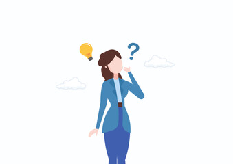 Solution to solve problem, asking question and answer, discover idea, solving business difficulty, thoughtful business woman think of solution to solve problem with lightbulb and question mark.