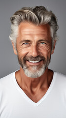 Obraz premium Portrait Handsome old mature man smiling with clean teeth, fresh hair, neat beard and strong jaw isolated on white background