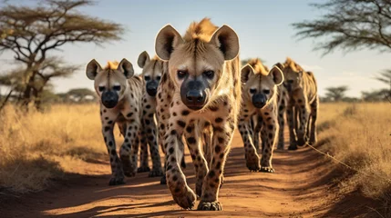 Fotobehang  Pack of hyenas walks through Africa © fisher