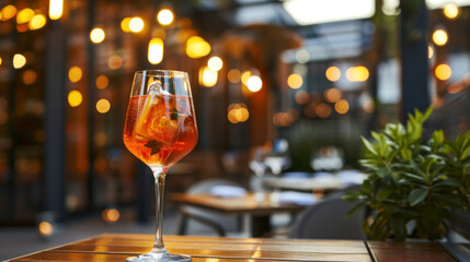 Aperol Spritz cocktail on restaurant table outside, summer night - obrazy, fototapety, plakaty