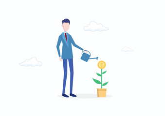 Money growth, increase in investment profits or retirement funds, increase in wealth and income, income or earnings concept, businessman watering plants growing with flowers dollar money coins.