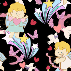 Retro happy cupid Valentines day. Comic happy heart character doodle cute kid in trendy seamless pattern