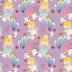 Retro happy cupid Valentines day. Comic happy heart character doodle cute kid in trendy seamless pattern