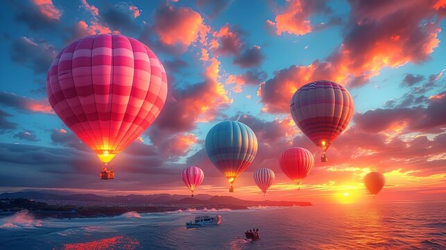 A fleet of hot air balloons rises against a breathtaking sunset sky, their colors reflecting the fiery hues of the clouds, over a tranquil sea with boats sailing below.