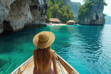 White blonde tanned woman on boat green sea water in the bay of thailand phuket  - obrazy, fototapety, plakaty