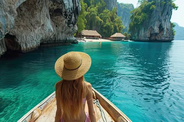 Fotobehang White blonde tanned woman on boat green sea water in the bay of thailand phuket  © kora