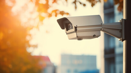 Surveillance camera mounted outside in the street, day light