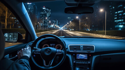 Driving the car at night. Point of view of driver from inside car. Night city. - obrazy, fototapety, plakaty