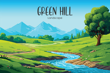 landscape of green hill, river and mountains witt trees, vector wallpaper