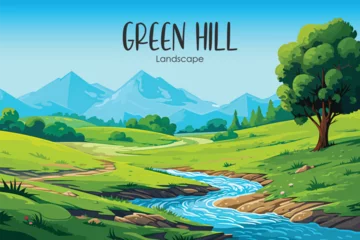 Rolgordijnen landscape of green hill, river and mountains witt trees, vector wallpaper © Arash